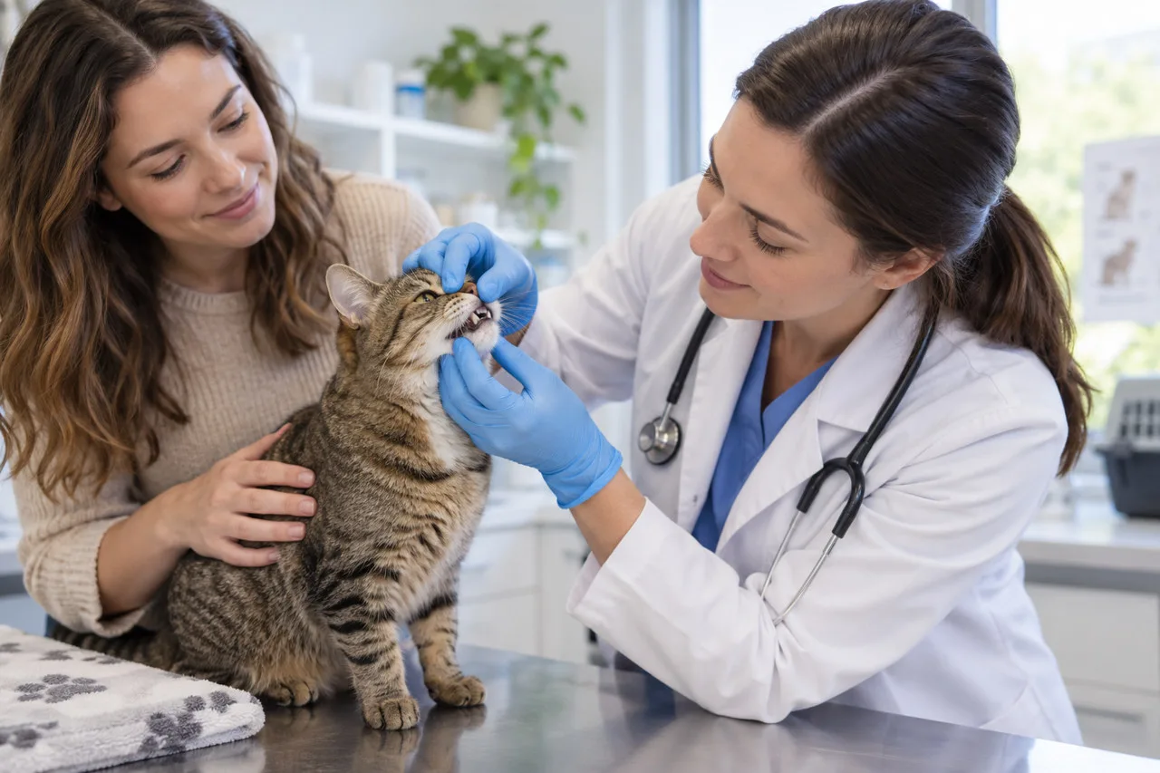 Cat receiving a veterinary examination beside its owner